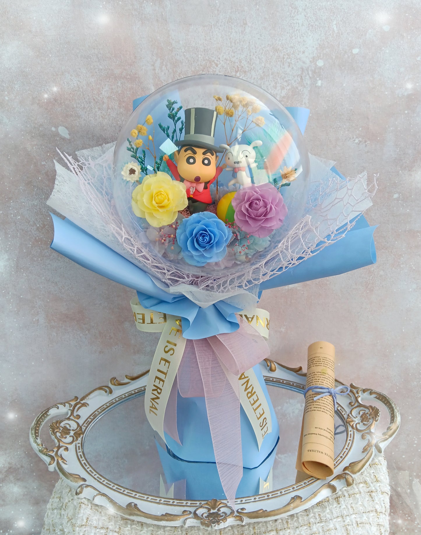 🌸(現貨)限時優惠價✨️藍色系小新保鮮花波波球花束