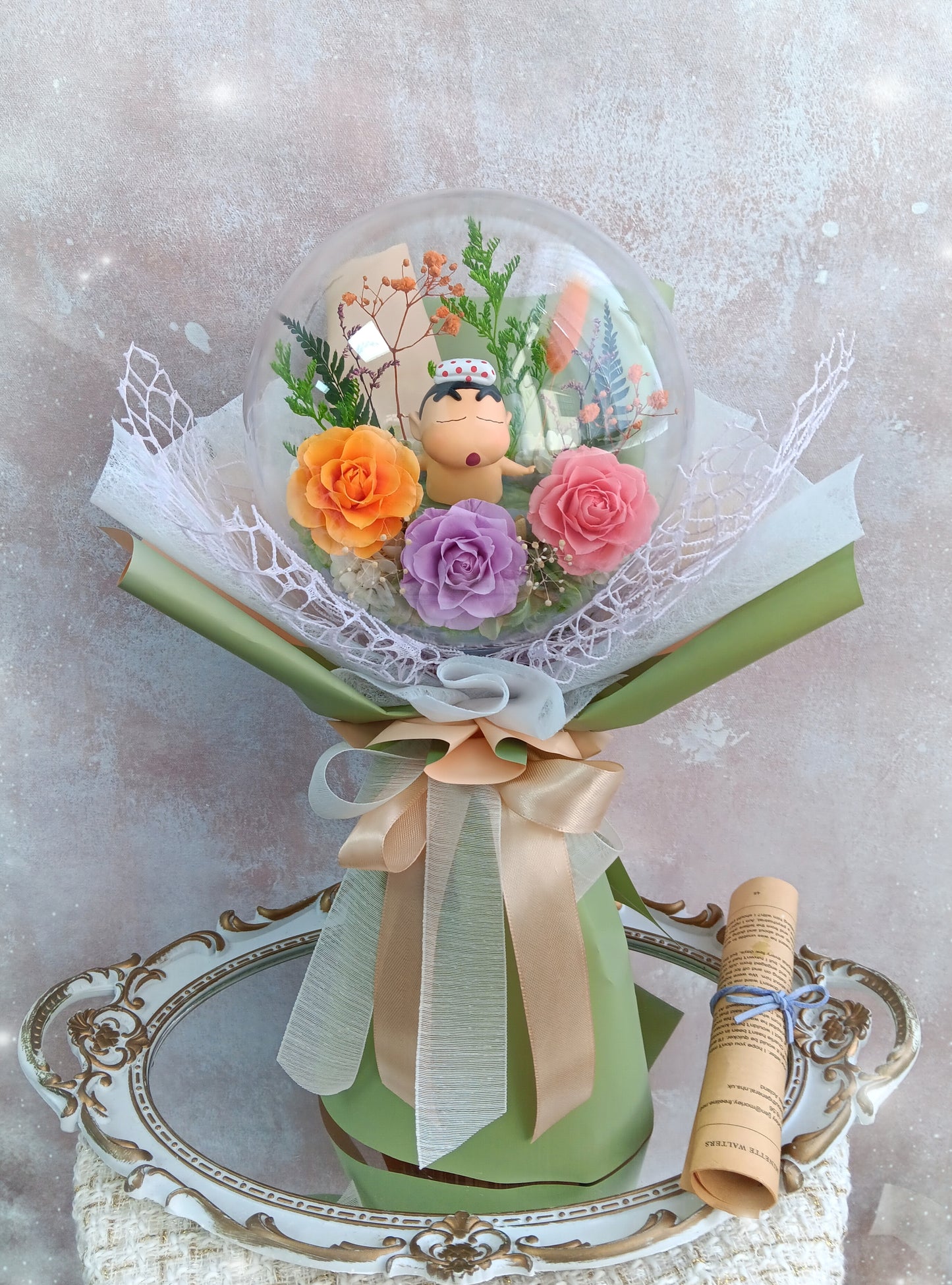 🌸(現貨)限時優惠價✨️浸温泉小新保鮮花波波球花束