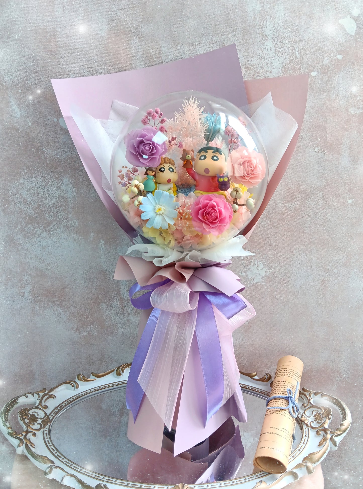 🌸(現貨)蠟筆小新&小葵保鮮花波波球花束