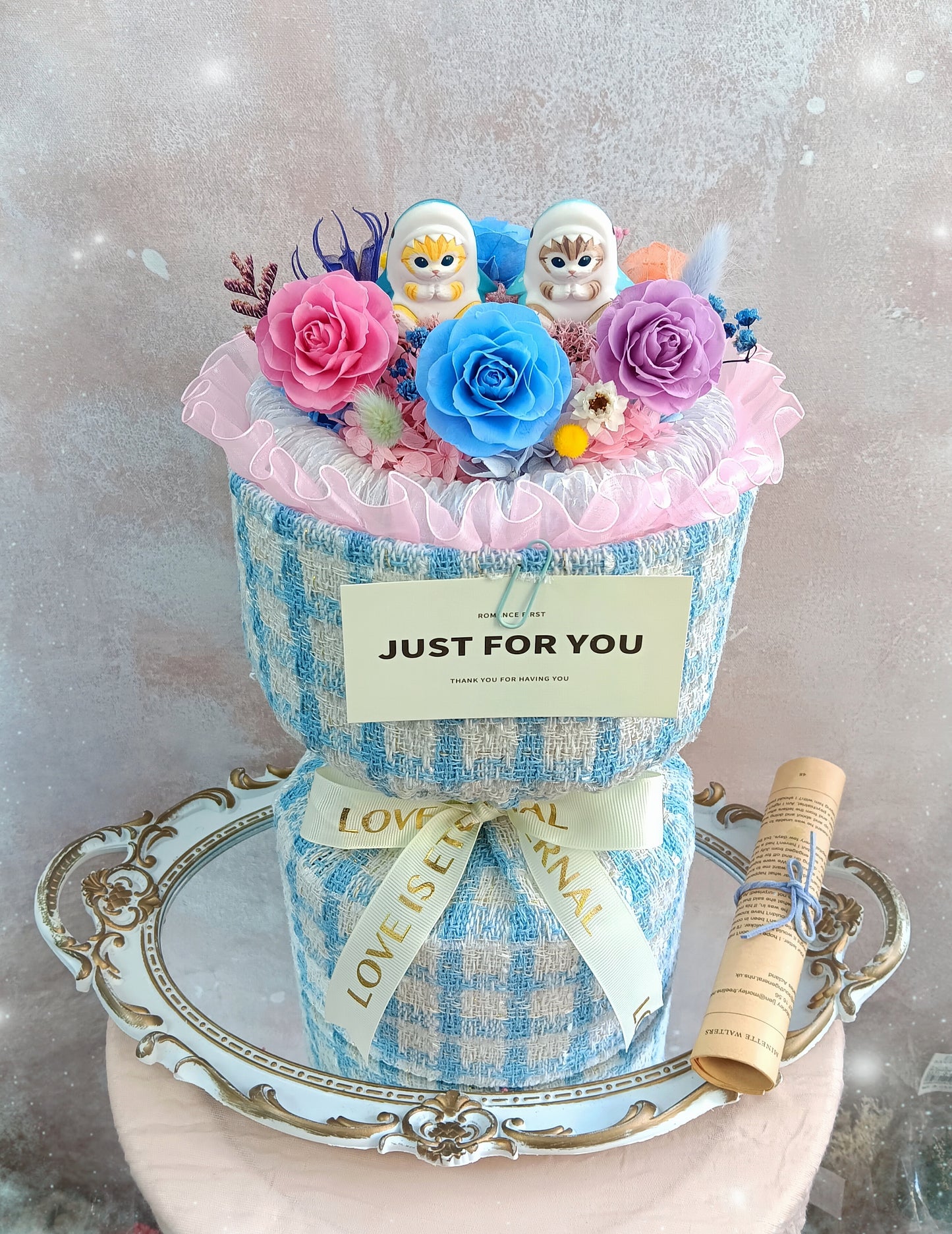 🌸(訂造)鯊魚貓小香風保鮮花花束