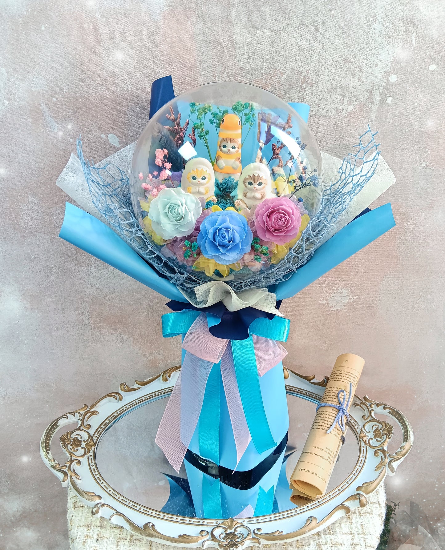 🌸(訂造)鯊魚貓保鮮花波波球花束