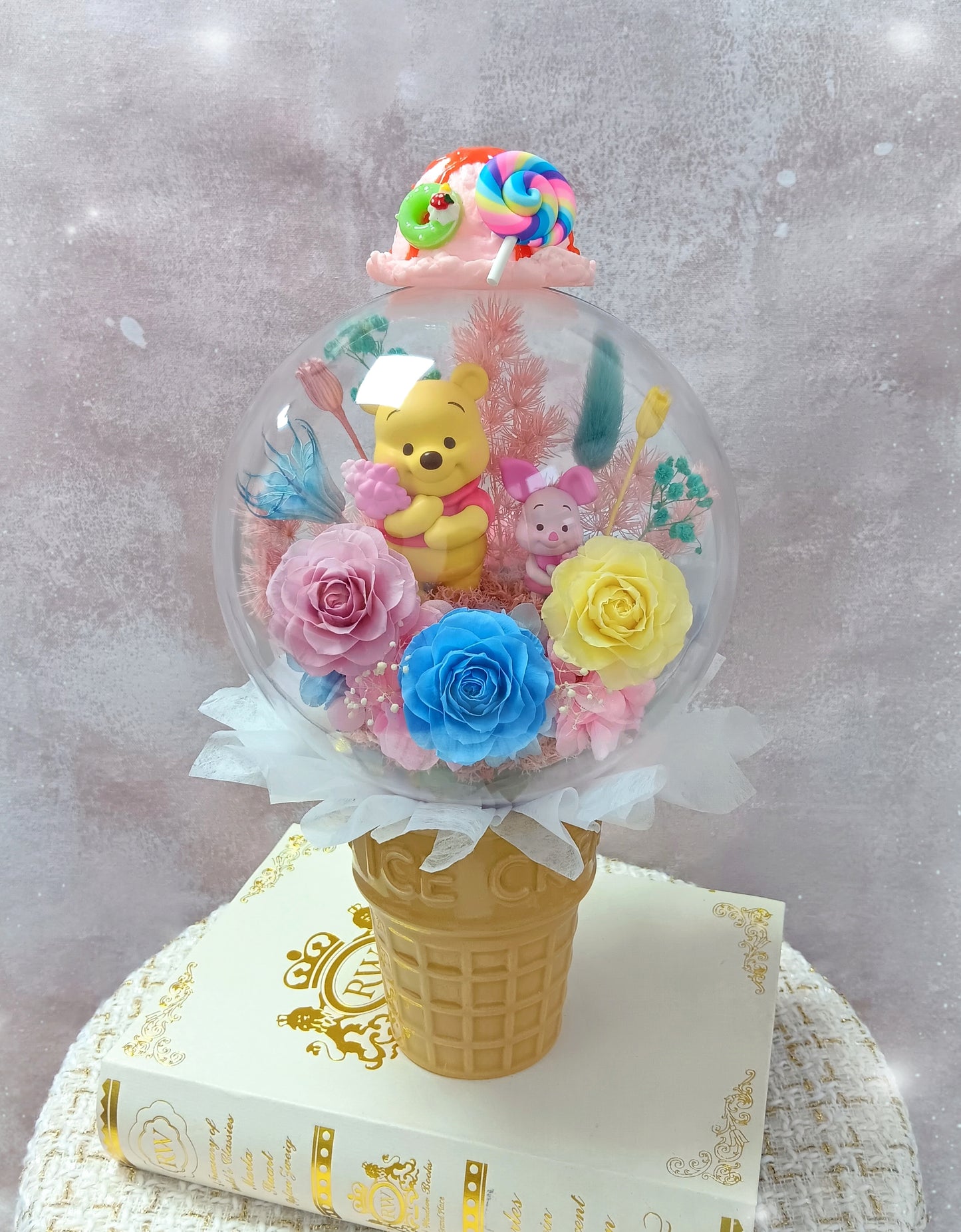 🌸(現貨)Winnie the Pooh保鮮花波波球雪糕杯
