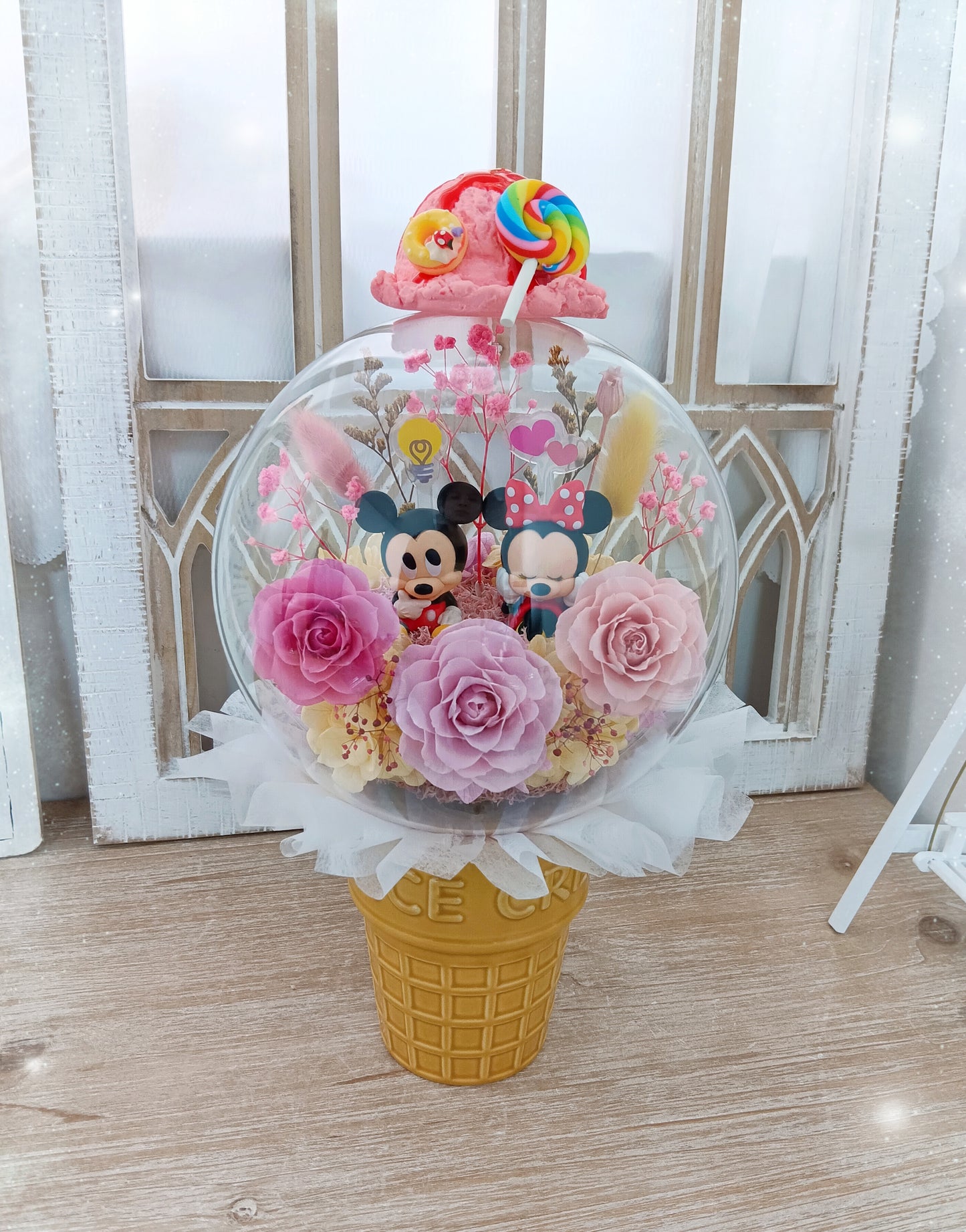 🌸(現貨)米奇&米妮保鮮花波波球雪糕杯