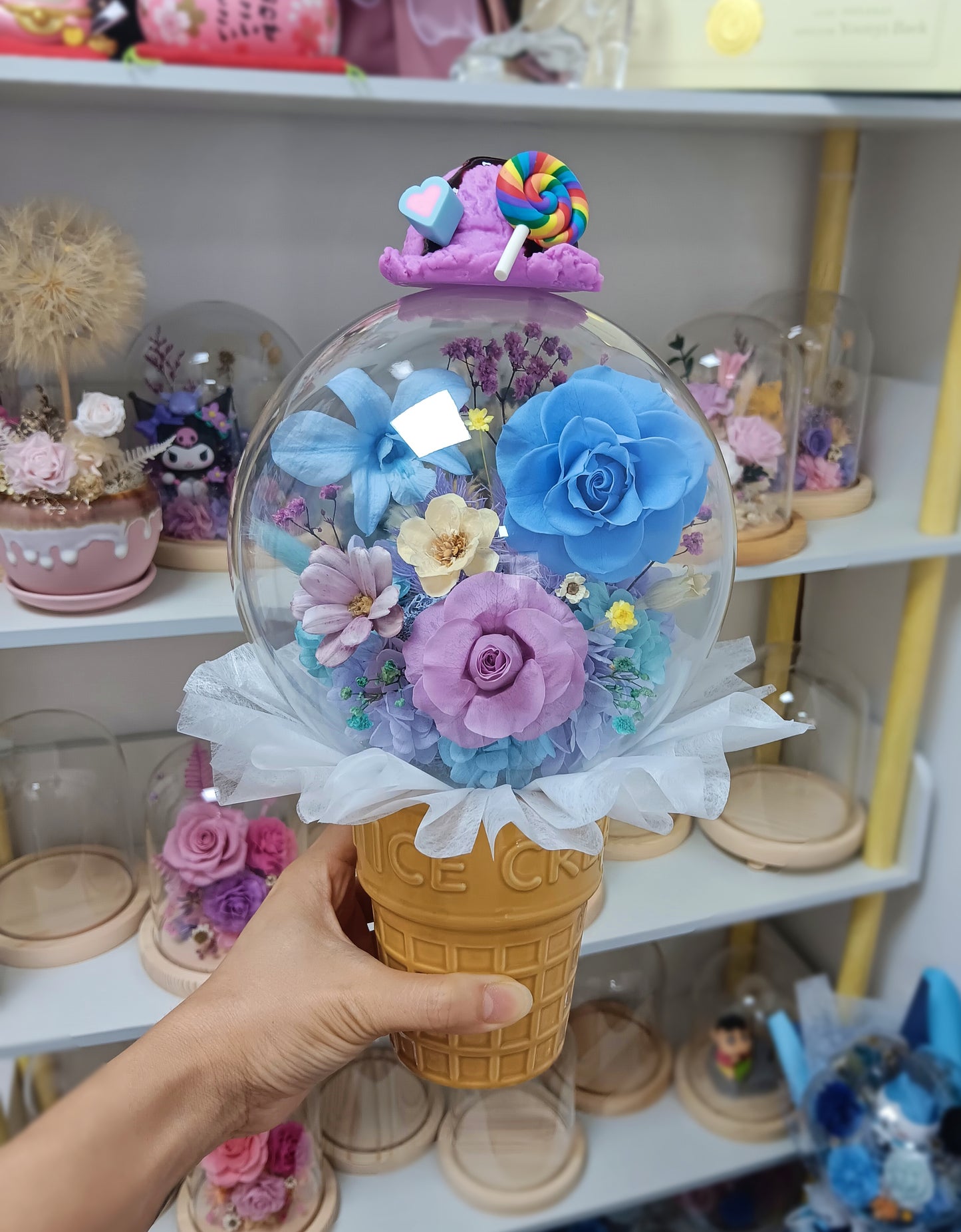 🌸(訂造)保鮮花蘭花玫瑰波波球雪糕杯