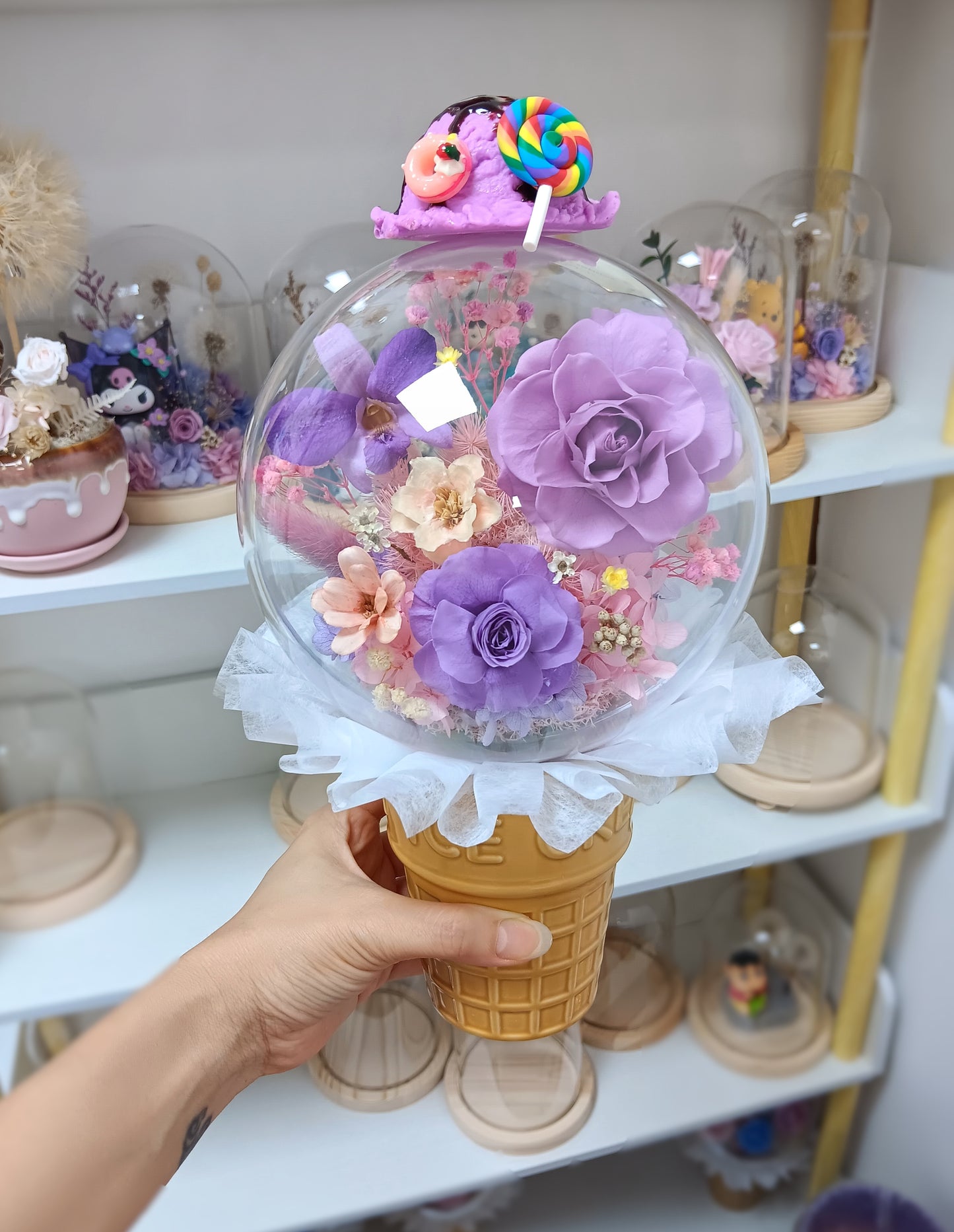 🌸(現貨)保鮮花蘭花玫瑰波波球雪糕杯